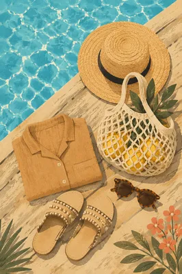 Summer Poolside Flat Lay with Straw Hat