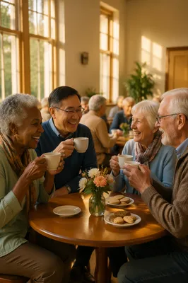 Seniors Sharing Tea in Sunlit Hall