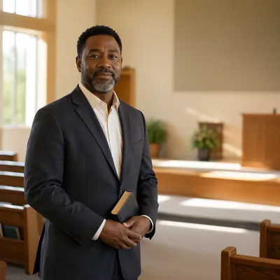 Pastor Standing in Bright Modern Sanctuary