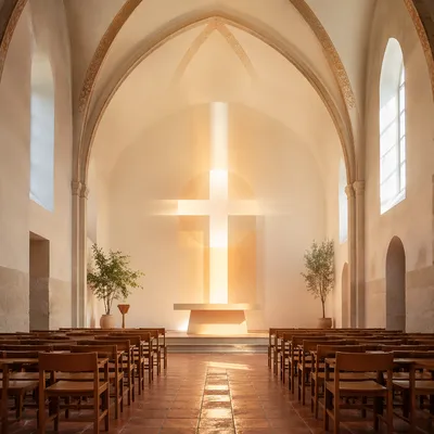 Modern Abstract Cross in Sunlit Chapel