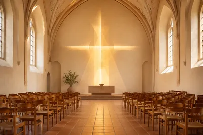 Modern Abstract Cross in Sunlit Chapel