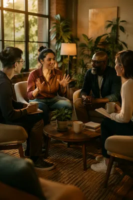 Cozy Small Group Conversation in Studio Lounge