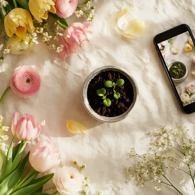 Spring Flowers and Seedlings Flat Lay