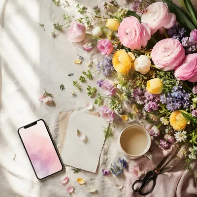 Spring Flowers Flat Lay with Smartphone