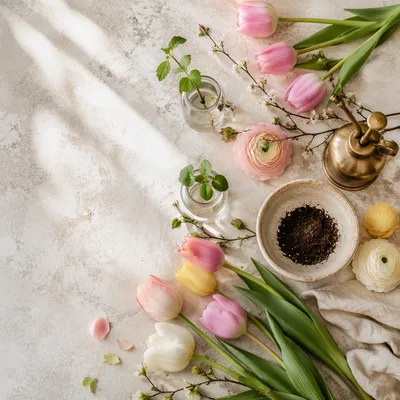 Spring Flowers and Seedlings Flat Lay