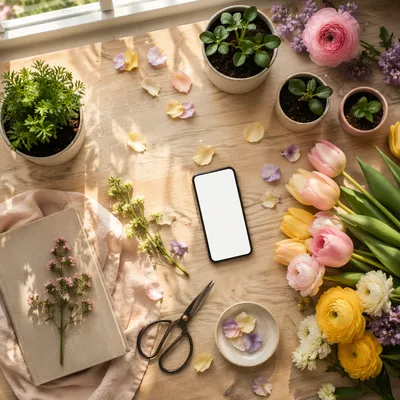 Spring Flat Lay with Seedlings and Flowers