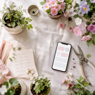 Spring Flat Lay with Pots and Flowers