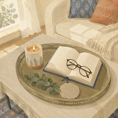 Cozy Tray with Candle Book and Glasses