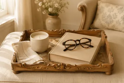 Cozy Tray with Candle Book and Glasses