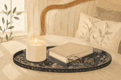Cozy Tray with Candle Book and Glasses
