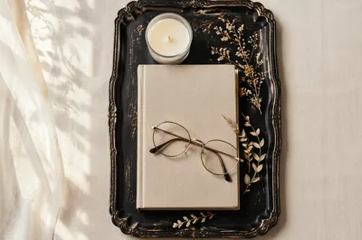 Vintage Tray with Candle Book and Glasses