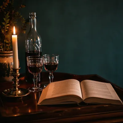 Moody Candlelit Tray with Book and Glasses