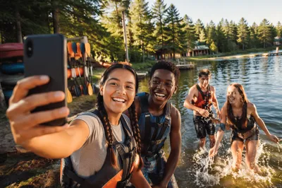 Teen Friends Taking Selfie by Lake