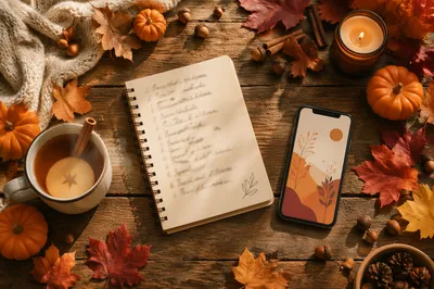 Autumn Gratitude Flat Lay on Wooden Table
