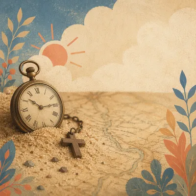 Pocket Watch on Sand and Vintage Map