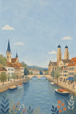 Historic Riverside Town with Church Spires