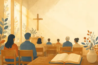 Sunlit Church Sanctuary with Wooden Cross