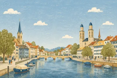 European Riverside Town with Church Spires