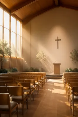 Sunlit Modern Chapel Interior with Wooden Chairs
