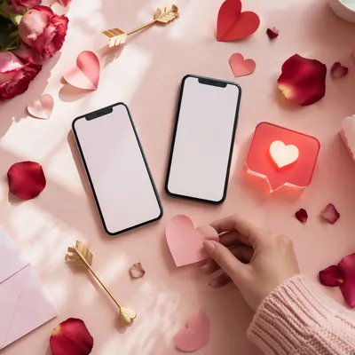 Valentines Flat Lay With Smartphones and Hearts
