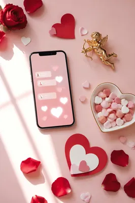 Valentines Flat Lay with Smartphone and Hearts
