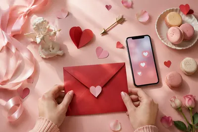 Valentines Flat Lay with Hearts and Envelope