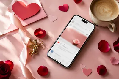 Valentines Flat Lay with Smartphone and Hearts