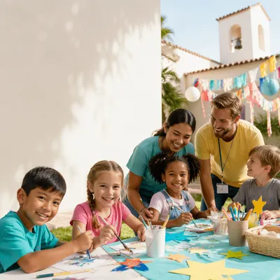 Children Crafting in Sunny Church Courtyard