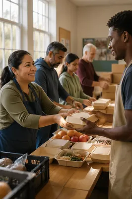 Volunteer Team Preparing Meal Boxes Together