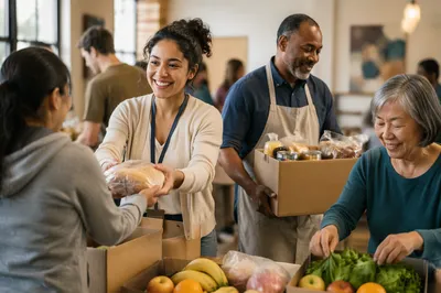 Volunteers Distributing Food in Community Hall