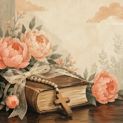 Peonies and Cross on Antique Book