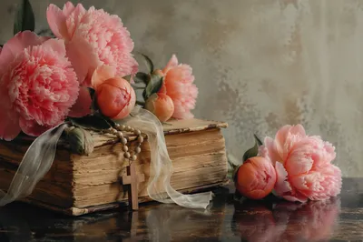Peonies on Antique Book with Cross