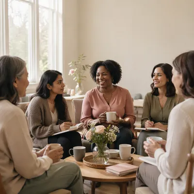 Six Women Chatting in Bright Community Room