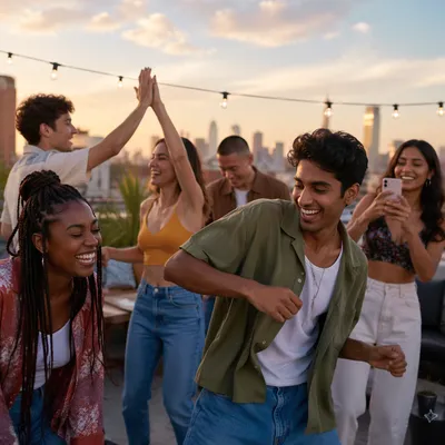 Friends Dancing on Rooftop at Sunset