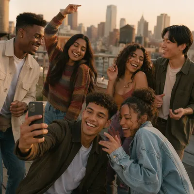 Friends Laughing on Rooftop at Sunset