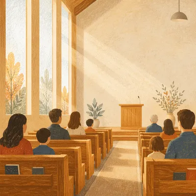 Sunlit Modern Chapel Interior with Wooden Pews
