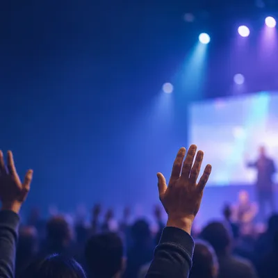 Raised Hands in Blurred Church Auditorium