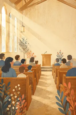 Sunlit Modern Chapel Interior with Wooden Pews