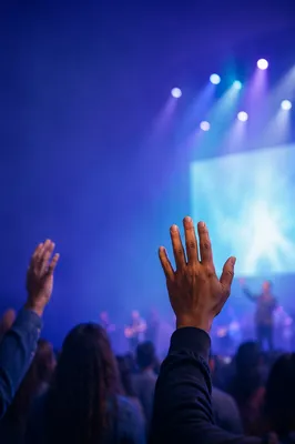 Raised Hands in Blurred Church Auditorium