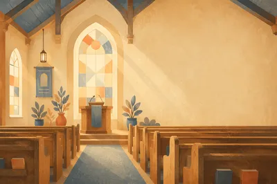 Empty Chapel Interior with Wooden Pews