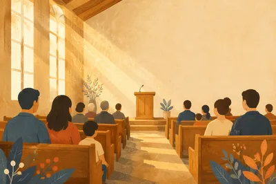 Sunlit Modern Chapel Interior with Wooden Pews