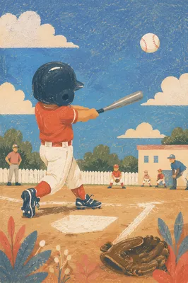 Youth Batter Swinging on Sunny Baseball Diamond