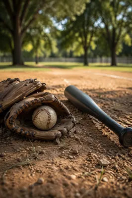 Worn Baseball Gear on Sunlit Infield