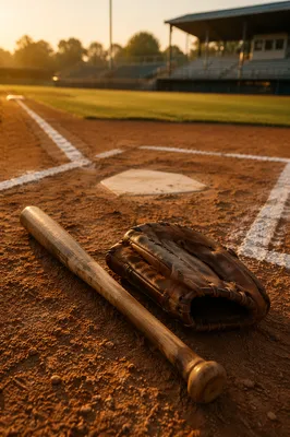 Worn Baseball Bat and Glove on Diamond