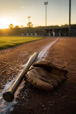 Sunrise Baseball Bat and Glove on Diamond