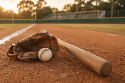 Baseball Bat and Glove on Diamond