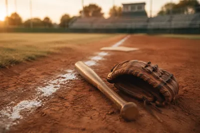 Morning Baseball Bat and Glove on Diamond