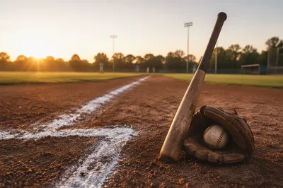 Early Morning Baseball Diamond with Bat and Glove