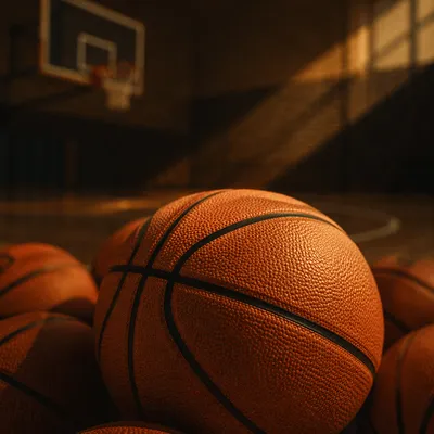 Close-Up Basketballs in Dim Indoor Gym