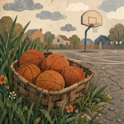 Worn Basketballs Beside Neighborhood Court Hoop